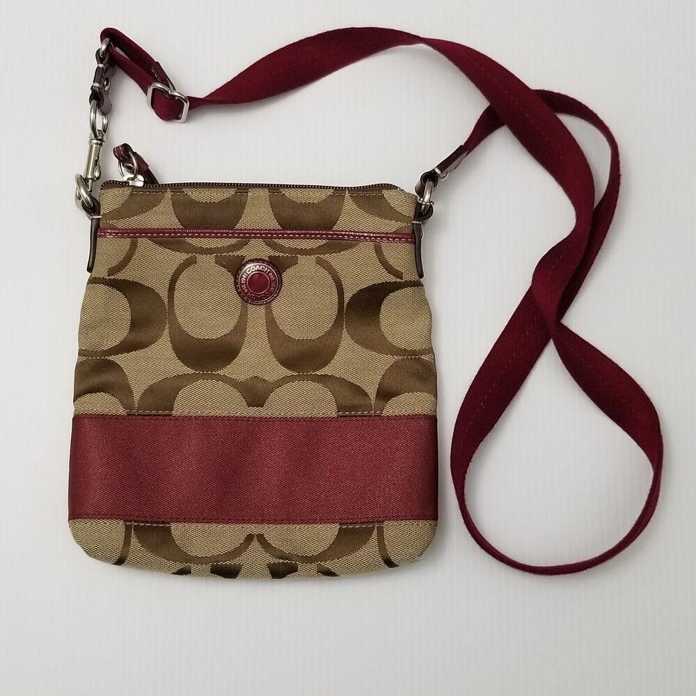 COACH Swingback Red Brown & Beige Signature Canvas Crossbody Bag